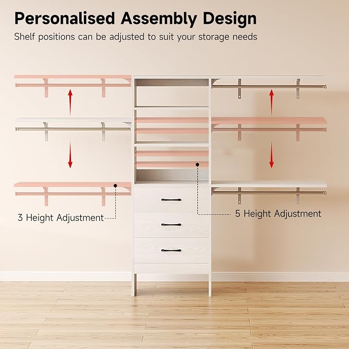 8FT Closet System, 96'' Closet Organizer System with 3 Hanging Rods, Wall Mount Bedroom Wardrobe with 3 Drawers Walk-in Closet, Adjustable Cloth Garment Rack from 5 to 8FT (Cut to Fit), Oak&White
