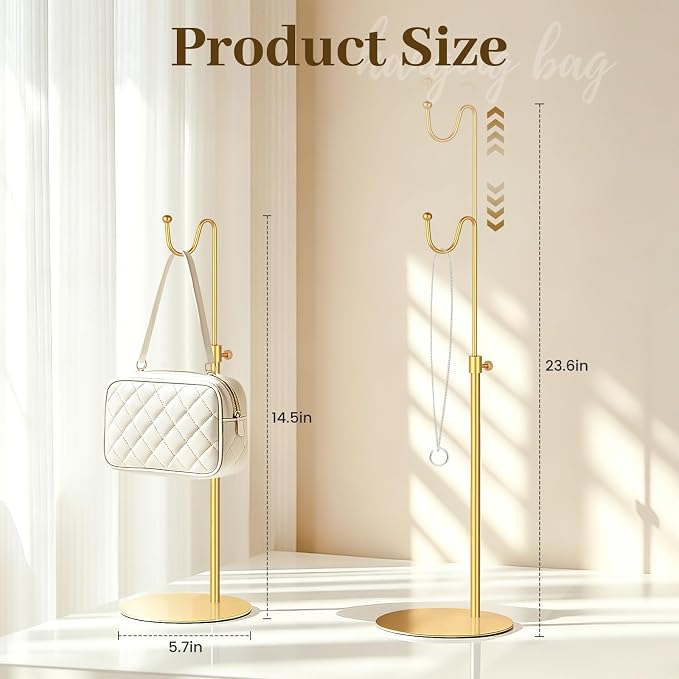 Purse Display Stand Handbag Holder, Gold Metal Adjustable | Tall Hanging-hook for Banners Purse Bag Necklace Organizer for Tabletop Closet Retail Vendors Use