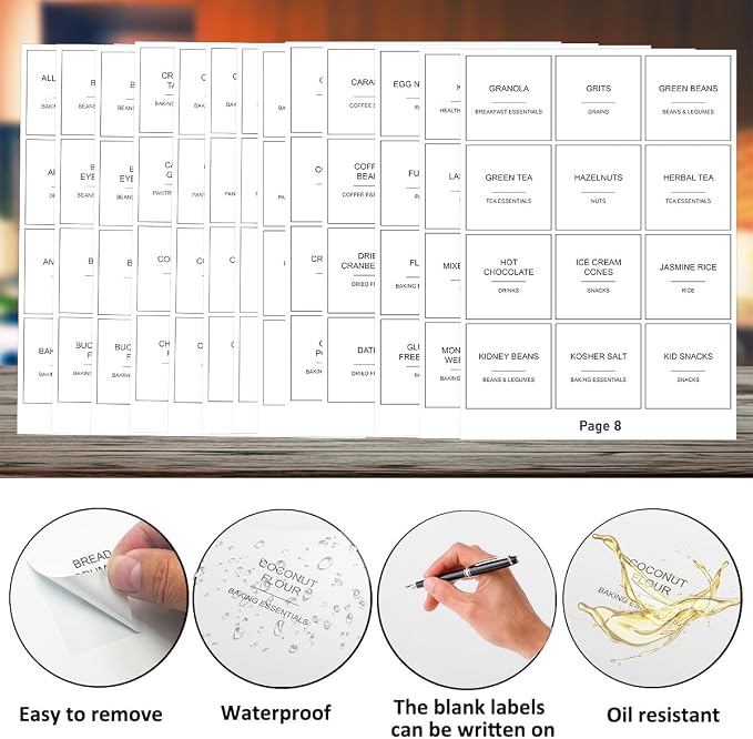 300pcs Pantry Labels for Food Containers, Preprinted Minimalist Waterproof Stickers Removable White Kitchen Food Labels Expiration Date Labels for Organizing Storage Bins Jars Bottles Boxes