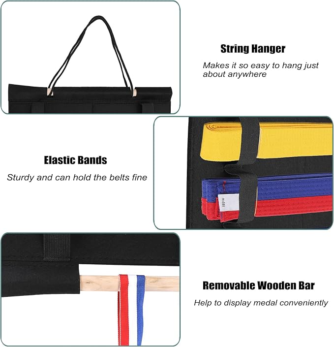 JUXYES Wall Hanging Martial Arts Belts Organizer, Portable Karate Belt Display Holder with Medals Hanging Stick, Lightweight Hanging Taekwondo Belt Display Holder for Martial Arts Learner