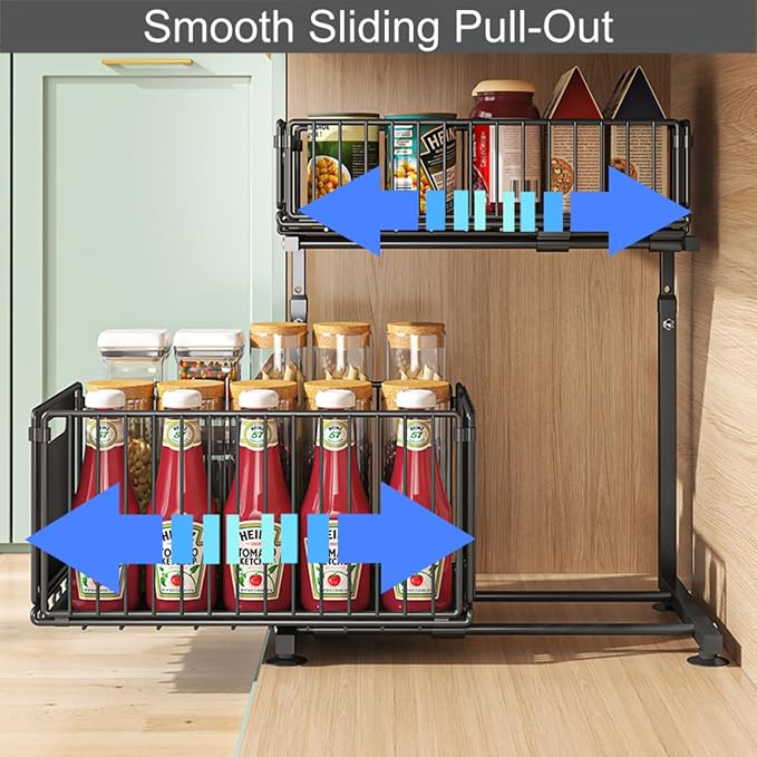 Under Sink Organizer, 2-Tier Multi-Use Kitchen and Bathroom Organizers and Storage, Slide Out Thickened Metal Under The Sink Organizer for Kitchen Bathroom Pantry (Style B White, 1 Pack)