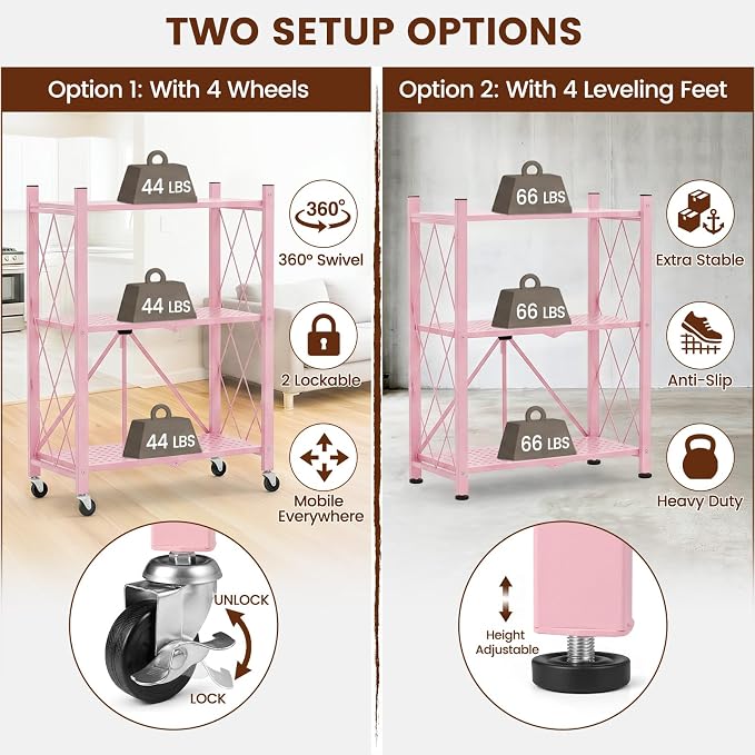 ALANNG 3 Tier Folding Storage Shelf on Wheels,Heavy Duty Metal Rolling Cart | Compact & Portable, No Tools Assembly, Folds to 3.9" Flat, Reinforced Iron Frame, Lockable Casters, for Any Room