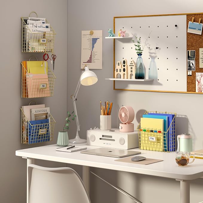 Yuzehuaza Wall File Organizer Mesh Hanging Wall Files Holder,Magazine Rack and Mail Basket with Hooks, Office Wall Organizer for Papers Folders Files Clipboard 4 Packs, Gold(Patent Pending)