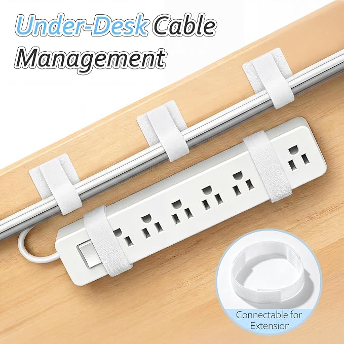 Cable Management Under Desk Detachable Cable Straps, White, 20 Pack | Heavy Duty Hook and Loop Cable Ties, Removable, Leave No Trace, Hold Up to 15 Cables, Home Office Organizer Accessories
