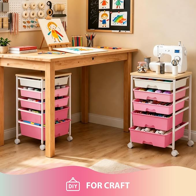 Goovilla Rolling Cart with Drawers, Utility Cart Organizer with 5 Removable Drawers and Wooden Tabletop, Lockable Rolling Storage Organizer for Art, Classroom, Home, Dorm, Office, Craft Storage, Pink