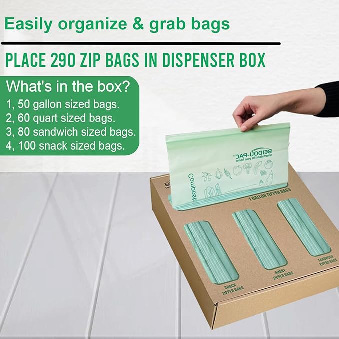 BEIDOU-PAC Compostable Combo Storage Zip Bags, 290 Count Resealable Variety Pack with Organizer, Reclosable Biodegradable Eco-Friendly Compost Snack, Sandwich, Quart, Gallon Assorted Size Bags
