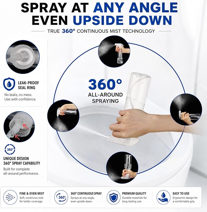 2 Pack 360° Reverse Plastic Spray Bottles 10oz/310ml Empty Spray Bottle Adjustable Nozzle Fine Mist Spray Bottle for Hair Cleaning Solutions Cooking Plant Essential Oils(Clear)