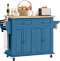 HOMCOM Kitchen Island Cart with Solid Wood Top, 44" Mobile Kitchen Island Table on Wheels with Storage Cabinets, 2 Drawers, Adjustable Shelves, Spice Rack & Towel Bar for Dining Room, Turquoise