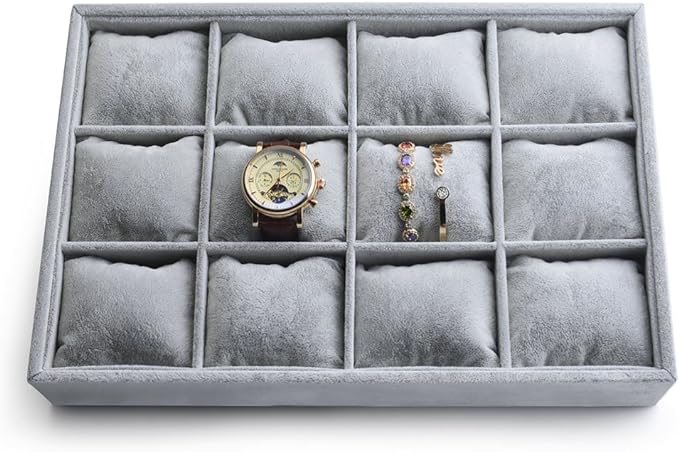 Oirlv Grey Velvet 12 Grid Watch Bracelet Bangle Jewelry Organizer Tray | 12 compartments with removable velvet pillows,stackable, fits in most drawers and dresser,open top for instant access