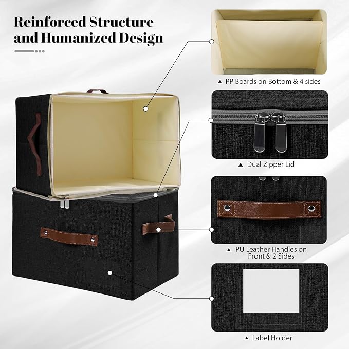 ANMINY Small Fabric Storage Box Bins with Zipper Lid, Washable Black, 3PCS | Cotton Linen Fabric, PP Board Frame, Label Holder, Stackable & Foldable, PU Handles, Dual-Zipper 3-Side Open Lid