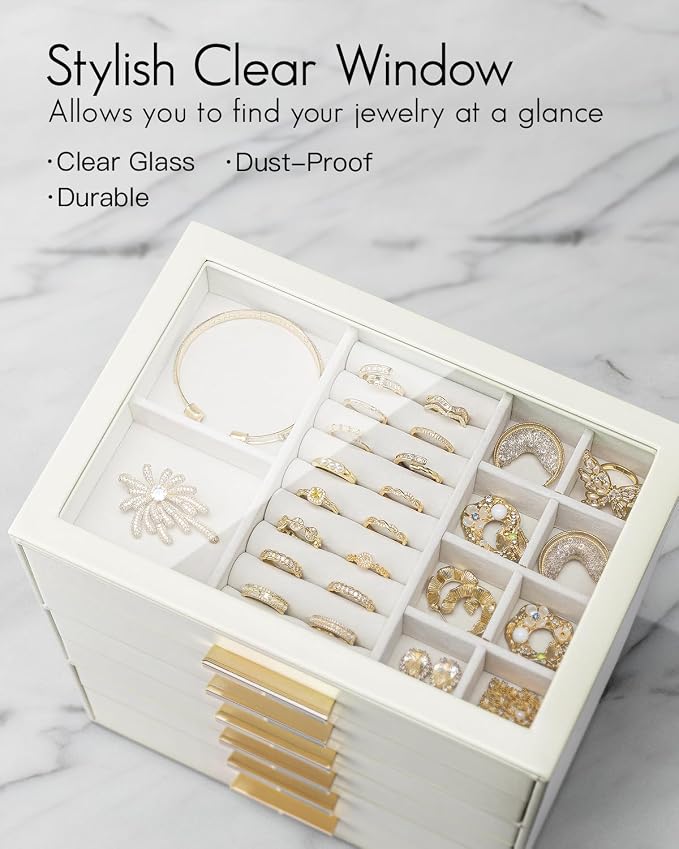 VLANDO 6 Layer Jewelry Box for Women, Glass Lid Jewelry Organizer with 6 Drawers for Necklaces Rings Earrings Bracelets - Cloud White