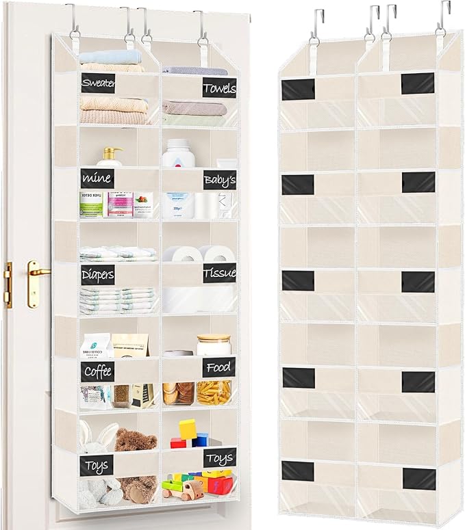 Ofiray-home Over the Door Organizer, 5-Tier Extra Large Storage with 10 Pockets and PVC Label Pouches, 80 lbs Capacity Hanging Closet Organizer, Beige