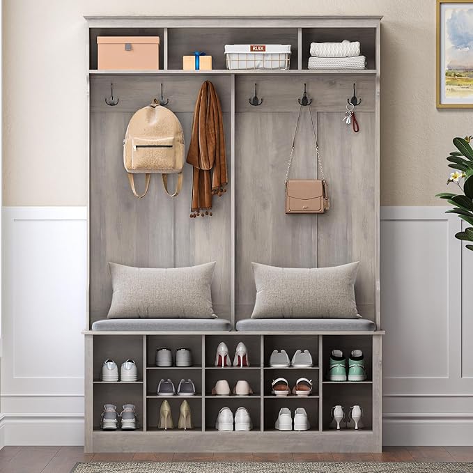Wodeer Hall Tree with Bench and Shoe Storage, 53" Farmhouse 4-in-1 Mudroom Storage Organizer with Coat Rack, 6 Hooks, 12 Shoe Cubbies, Adjustable Shelf, for Entryway, Hallway, Living Room, Grey