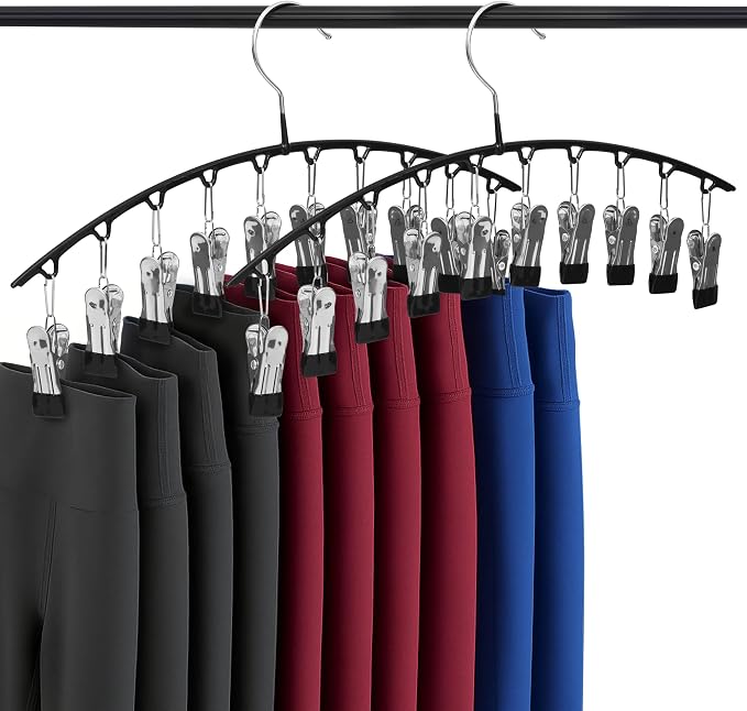 2-Pack Legging Hangers, Space-Saving Closet Organizer with 20 Stainless Steel Clips Total, Holds 20 Leggings, Yoga Pants, Skirts and Scarf | Anti-Slip Multi Clip Hangers