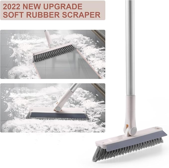Grout Brush with Long Handle, 2 in 1 Floor Scrub Brush with Squeegee | Shower Scrubber Cleaner Swivel Stiff Bristle for Cleaning Baseboards Tile Floors Bathroom Wall