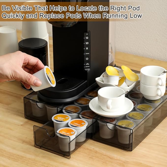 Sturdy Acrylic Coffee Pod Holder Organizer for K Cup, Under Brewer Sliding Drawer for K-cup, 36 Pods Storage for Kpods - Coffee Accessories for Keurig/Other Coffee Maker on Counter, Clear Black