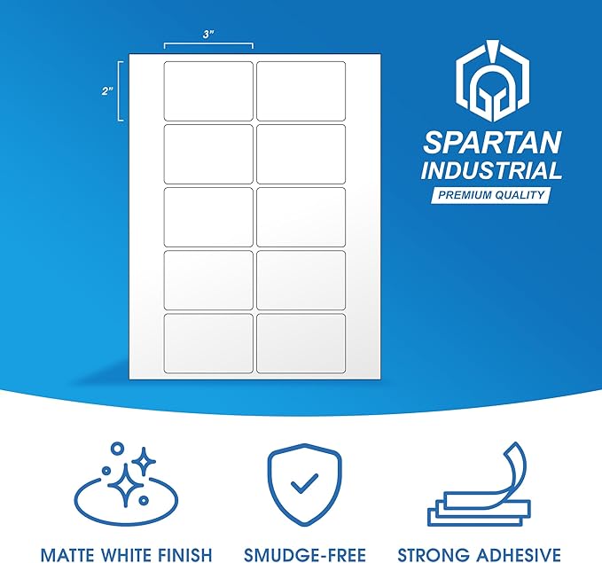 3" X 2" Matte White Printable Shipping Labels (30 Sheets, 300 Stickers) Mailing and Address Labels, Product Packaging Stickers for Laser & Inkjet Printers - Spartan Industrial Template R011