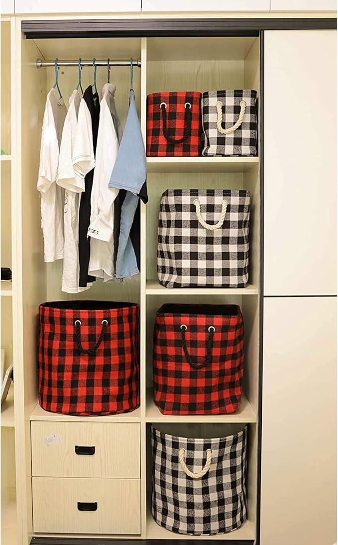 Large Rectangular Foldable Storage Laundry Baskets with Cotton Rope Handles Nursery Soft Felt Fabric Bins Delicate Home Organizer Solution, Red Black Grid, L