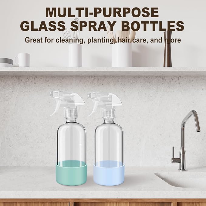 Glass Spray Bottles with Silicone Sleeves (2 Pack, 16 oz), Mist and Stream Empty Refillable Containers, Water Sprayer Misting Bottle for Cleaning Solutions, Planting, Hair Spraying, Green & Grey