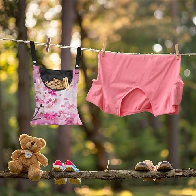 Cherry Blossom Clothespin Bag Space-Saving Laundry Hanging Storage Organizer Clothes Pin Hanging Bag with Rope Holds 100 Clothes Pins for Clothesline Outdoor Clothespin Accessory Bag
