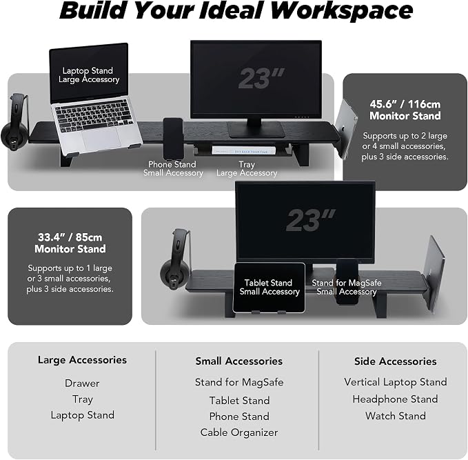 ULTRARM Moodular Wooden Monitor Stand Desk Organizer, Standard 33.4" Walnut | Customizable Organized Workspace, Aluminum Slide Rails, 10 Add-Ons Sold Separately: Storage Drawer, Tablet, Phone & More