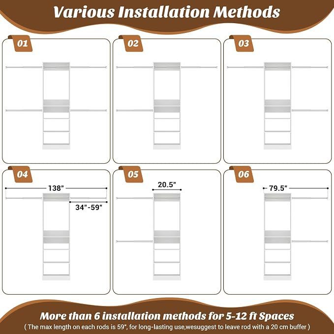 12FT Large Open Closet System, 138'' Wall-Mounted Closet Shelving with 5 Hanging Rods and 6 Shelves, Customizable Wardrobe for Walk-In Closets, Fits 5–12FT Spaces, White