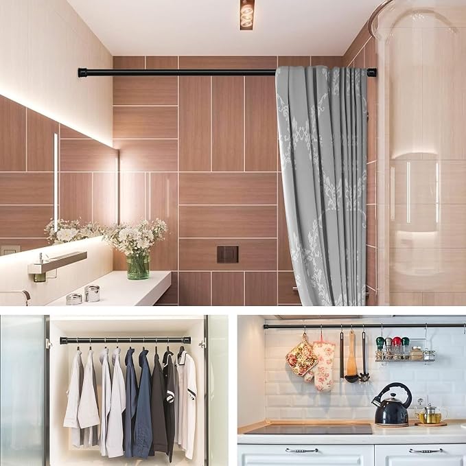 2 Pack No Sectional Assembly Tension Curtain Rods 56-104 Inch | 1" Diameter Spring Long Adjustable Shower Curtain Rods for Bathroom Windows Closet No Drilling No Rust, Black