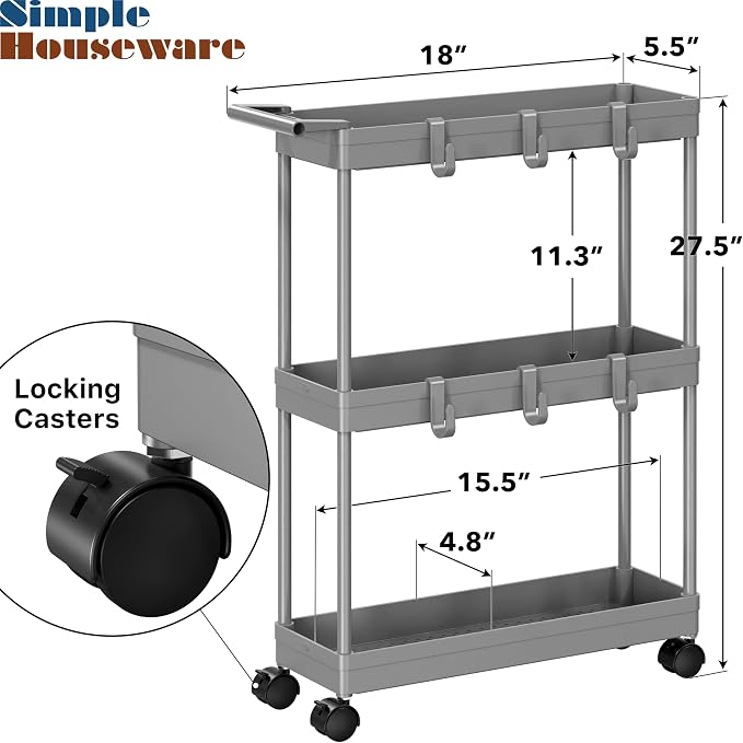 Simple Houseware 3-Tier Slim Rolling Cart w/Handle 5.5" Wx27.5 H, Gray | Storage Cart for Narrow Space (5.5-Inch Wide) Kitchen, Bathroom, Laundry Room
