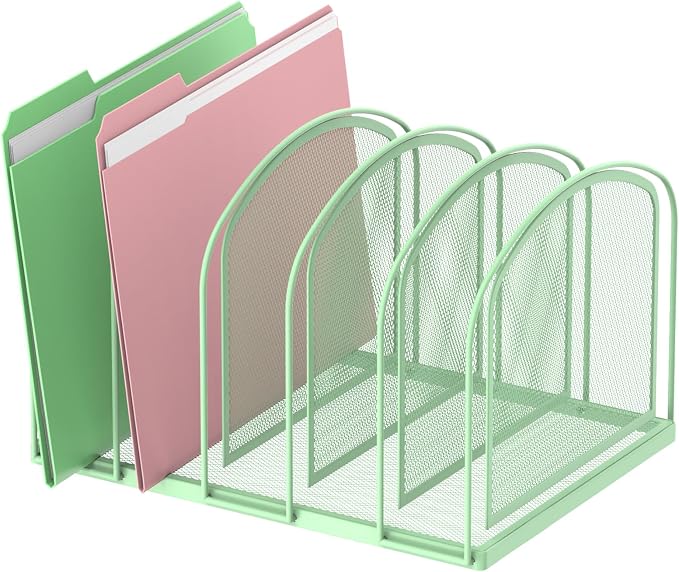 SUPEASY File Organizer for Desk, 5-Section Mesh Desk Organizer, Vertical File Holder Desktop Organizer File Sorter, File Folder Holder for Office Supplies, Mint Green
