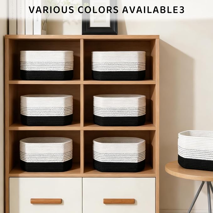 4 Pack Storage Baskets for Organizing, 11''Lx9''Wx8''H Woven Baskets for Storage Toys, Towels, Books, and Clothes, Cotton Rope Basket for Shelves with Handle White & Brown