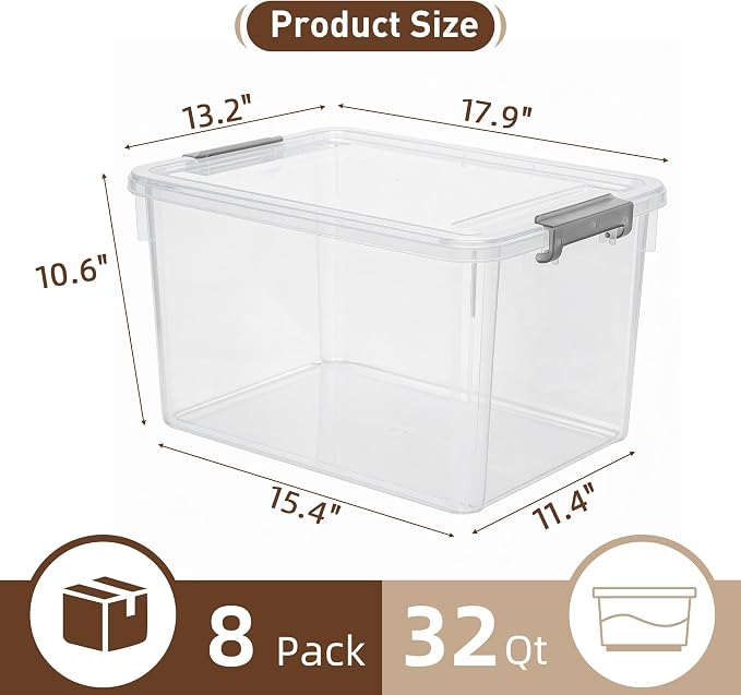 Citylife 32 QT Plastic Storage Bins with Latching Lids Stackable Storage Containers for Organizing Large Clear Storage Box for Garage, Closet, Kitchen, 8 Packs