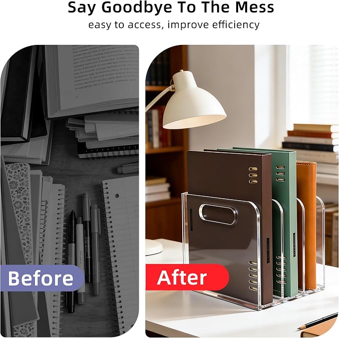 Clear Acrylic Magazine File Holder, 3 Compartment Desk Organizer | 3 spacious vertical compartments hold magazines, files, books & more. Clear acrylic, non-slip base. No assembly, portable.