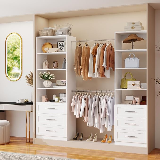 Closet System with 3 Drawers and Shelves, secilix 81" Wood Closet Organizer System, 2FT Modular Closet System for Walk in Closet, Modular Storage Tower with Expandable Hanging Rod, White