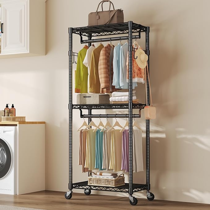 OLIXIS Clothes Rack Heavy Duty Adjustable Garment Clothing Rack with Wheels, Rolling Metal Freestanding Closet Organizer for Hanging Clothes with 2 Side Hooks, Double Rods, 29.5"x15.7"x75.6", Black