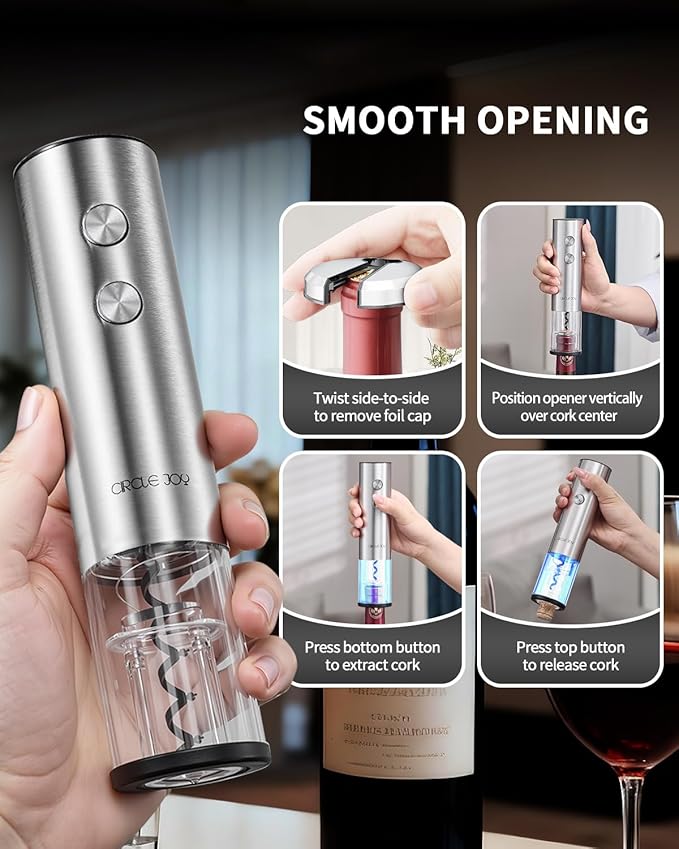 CIRCLE JOY Electric Wine Bottle Opener Set Stainless Steel Rechargeable Wine Opener 8-in-1 Wine Gift Set with Charging base, Foil Cutter, Wine Aerator Pourer, Vacuum Pump & 2 Wine Stoppers, Silver