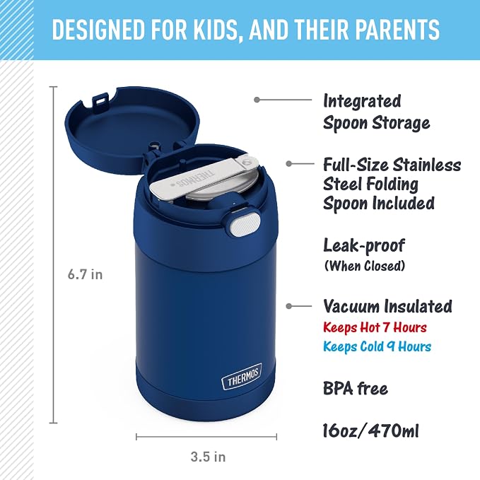THERMOS FUNTAINER Insulated Food Jar – 16 Ounce, Navy – Kid Friendly Food Jar with Foldable Spoon