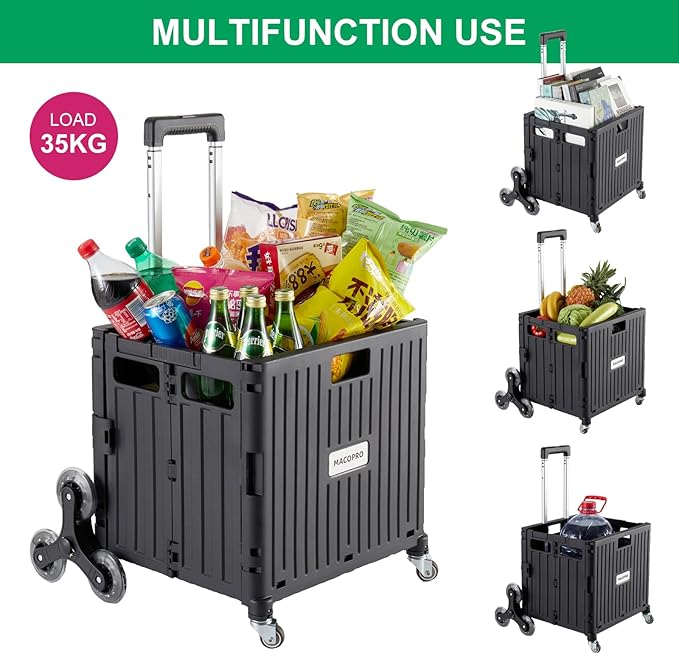 MACOPRO Foldable Utility Cart with Stair Climbing Wheels, Collapsible Rolling Crate with Telescoping Handle, Folding Shopping Trolley Handcart Grocery Book File Tool Teacher Storage Basket (Black)