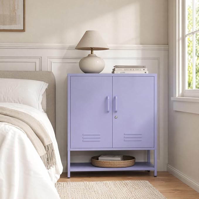 Lockable Metal Shoe Cabinet,Heavy Duty Storage Cabinet with 1 Adjustable Shelves,Purple Metal Storage Cabinet for Home,Entrance,Living Room,Bathroom 33" H X 29.5" W X 13.8" D