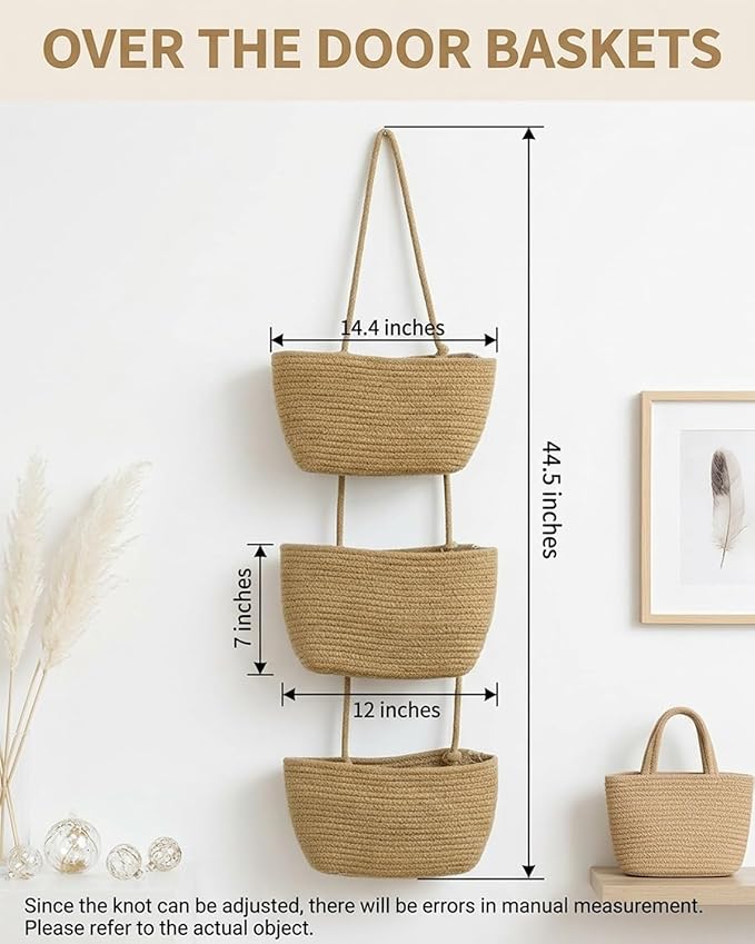 Over the Door Hanging Basket 3 Tier Woven Cotton Wall Mounted Storage Bag Boho Cottage Jute Baskets Kitchen Produce Organizer Vegetable Hang Wicker Closet Bathroom Decor Organizing Shelf(White)