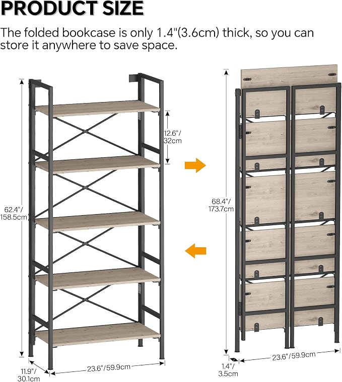 Homeiju Folding Bookshelf,5 Tier Bookcase Foldable Shelf with X-Bracket Design, Adjustable Feet, Space Saving Storage for Living Room, Office