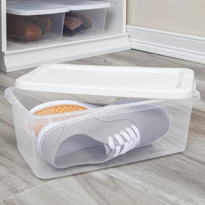 A set of 10 stackable 6-quart clear storage boxes, white snap-on lid plastic storage boxes, modern style, sturdy and durable, suitable for wardrobes and shelves.