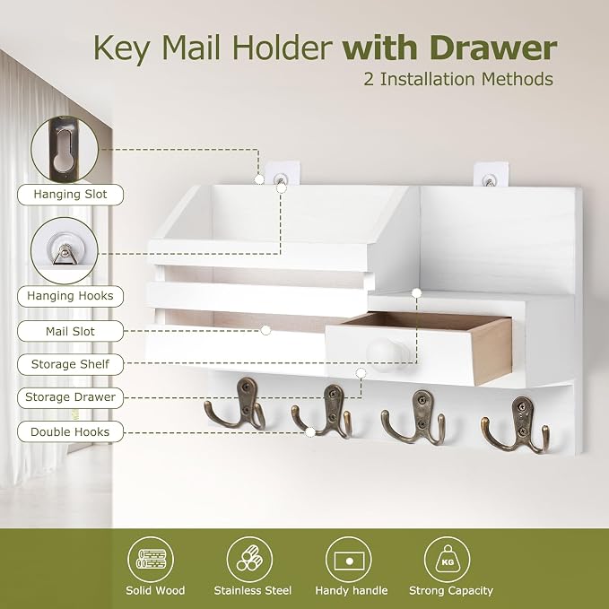 Key Holder Wall Mount, Wooden Adhesive Mail and Key Organizer with Drawer, Small Shelf, 8 Hooks, 2 Installation Methods, White