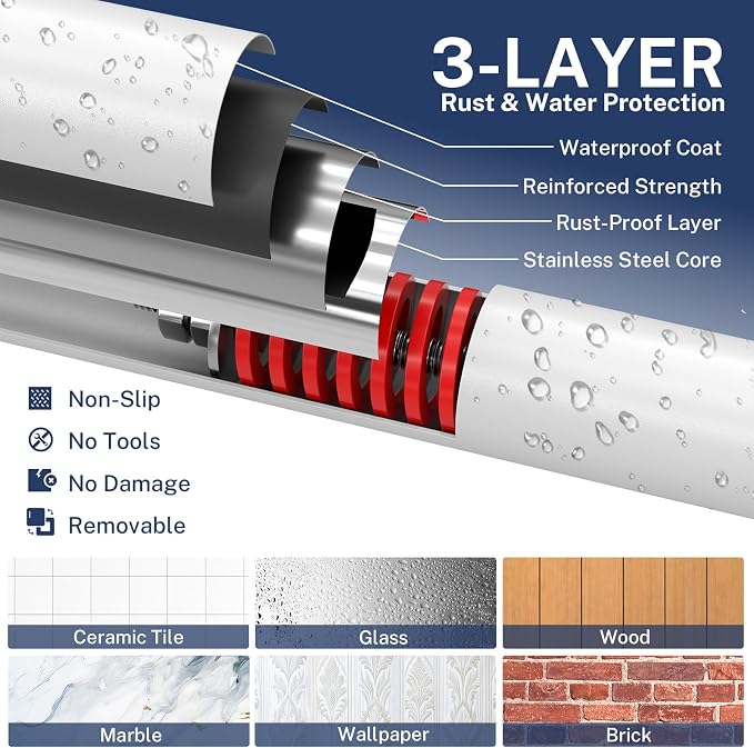 Heavy Duty Tension Shower Curtain Rod 2 Pack 48-74 Inch White | Rustproof Steel, Drill-Free Tension Mount, Adjustable Rods for Bathroom Window Door Patio Closet, Non-Slip No-Tools Install.