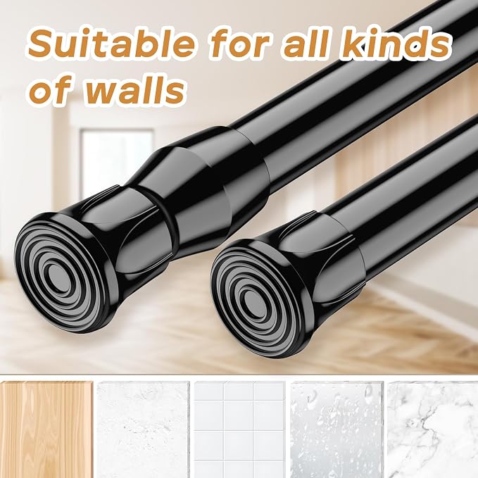 Spring Tension Curtain Rods 12–19 Inch Black 2 Pack | No-drill & tool-free setup. Fits windows, kitchens, doorways. Rust-resistant, great for light curtains.