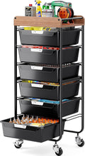 SYKIARIOL Utility Cart with 6 Labeling Drawers and Wooden Tabletop – Rolling Storage Cart for Crafters, Artists, Kids, Teachers, and Students – Organize Arts, Crafts, Sewing & Study Supplies