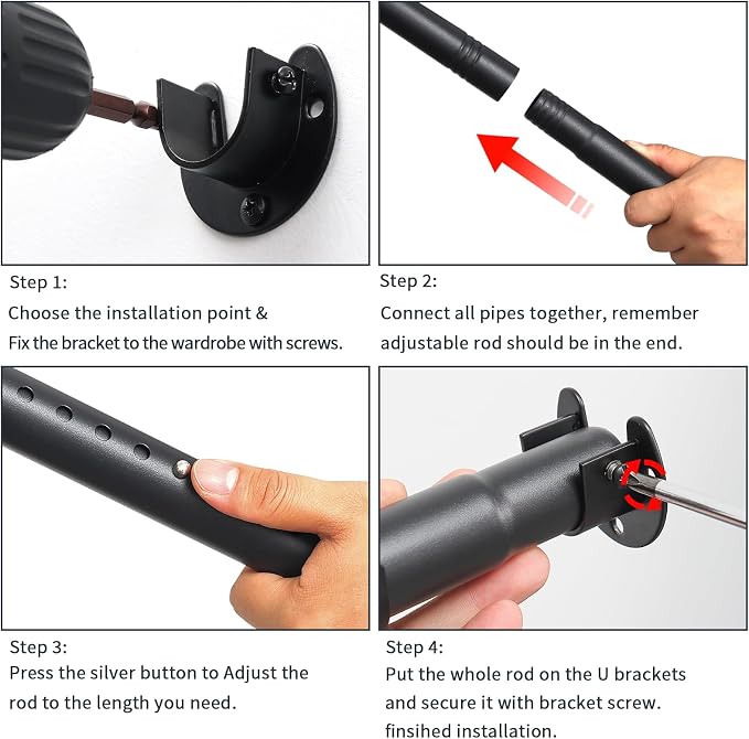 Closet Rods for Hanging Clothes, 16 to 84 Inches Closet Rod, Black Closet Hanging Rod, Adjustable Rod for Closet to Hang Clothes Heavy Duty Clothing poles for Closet, Wardrobes, Laundry, RV
