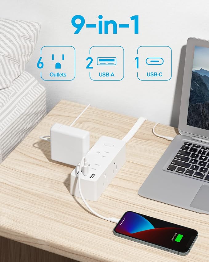 Olcorife Flat Plug Power Strip with 10 FT Extension Cord, 6 Outlets 3 USB Ports(1 USB C), 3 Sided Outlet Extender for Home Office Travel Dorm Room Essentials, White