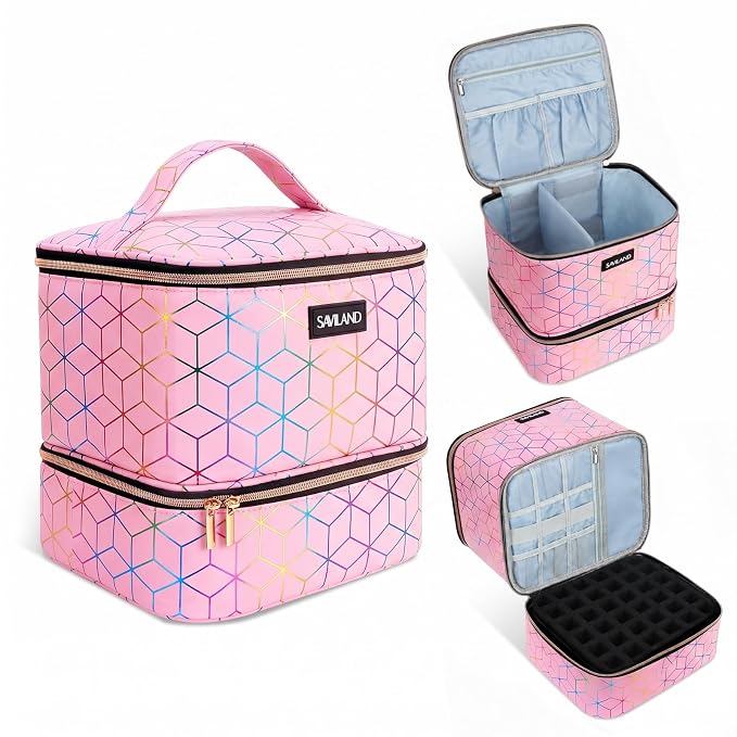 SAVILAND Nail Polish Organizer Bag: PU Leather Nail Polish Storage Organizer Holds 30 Bottles & Nail Lamp, Nail Polish Holder Travel Carrying Case Box Nail Tech Organizer Storage Bag for Nail Supplies