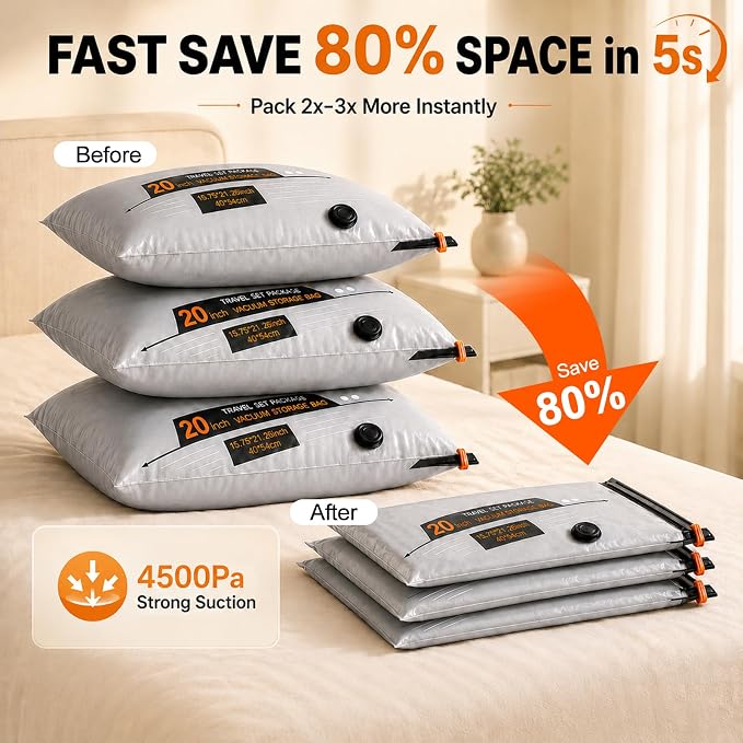 Travel Vacuum Storage Bags with Pump, Cordless Portable Vacuum Seal Bags for Clothing, Electric Rechargeable Pump Space Saver Bags Thicker Compression for Blanket, Luggage, Home Organization