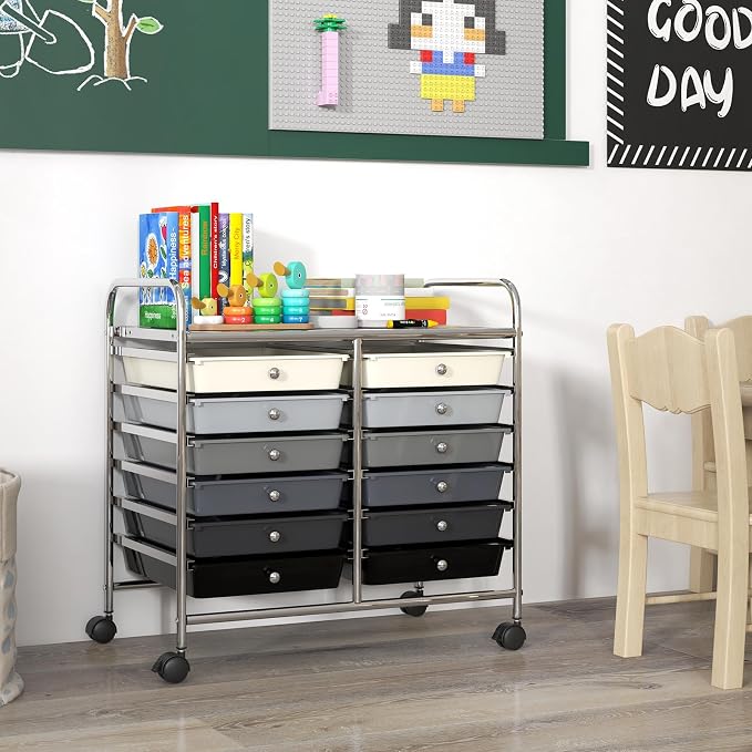LDAILY 12 Drawer Rolling Storage Cart, Craft Cart Organizer on Wheels w/Metal Frame, Large Capacity & Smooth Drawer, Rolling Cart w/Drawers for Classroom, Office